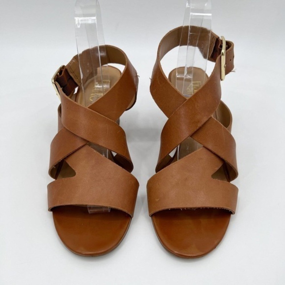 Franco Sarto Mallory Wedge Sandals Brown Leather Heels Strappy Buckle - Picture 3 of 10